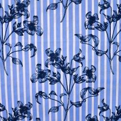 Bomuldspoplin med bl� striber og blomsterprint