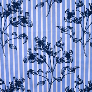 Bomuldspoplin med bl� striber og blomsterprint