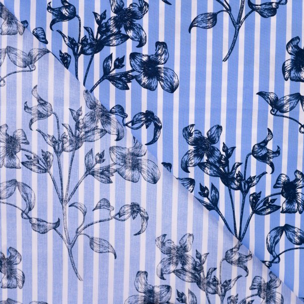 Bomuldspoplin med bl� striber og blomsterprint
