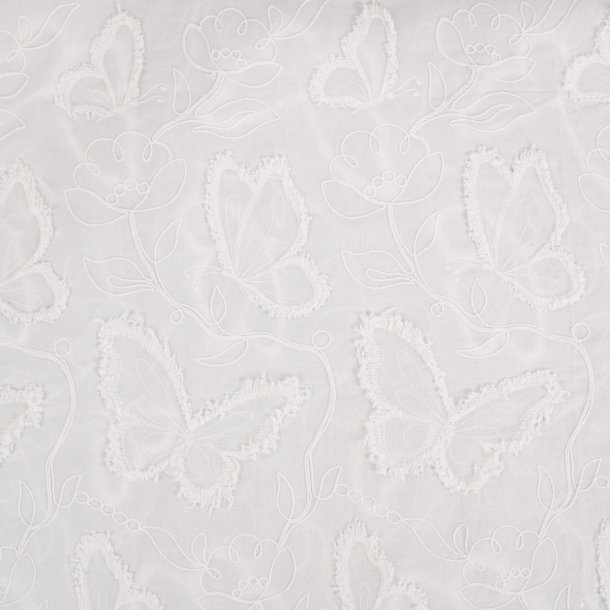 Bomuld med broderede sommerfugle og blomster - off-white