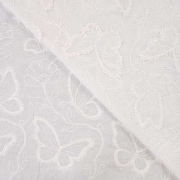Bomuld med broderede sommerfugle og blomster - off-white