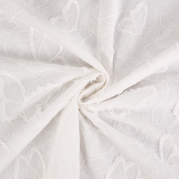 Bomuld med broderede sommerfugle og blomster - off-white