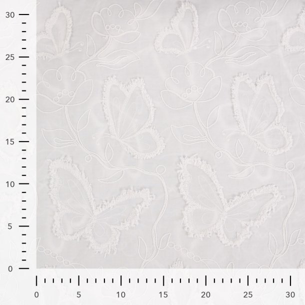 Bomuld med broderede sommerfugle og blomster - off-white