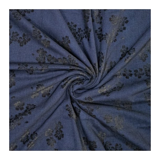 Denim jacquard med chenilleblomster � m�rk bl�/sort