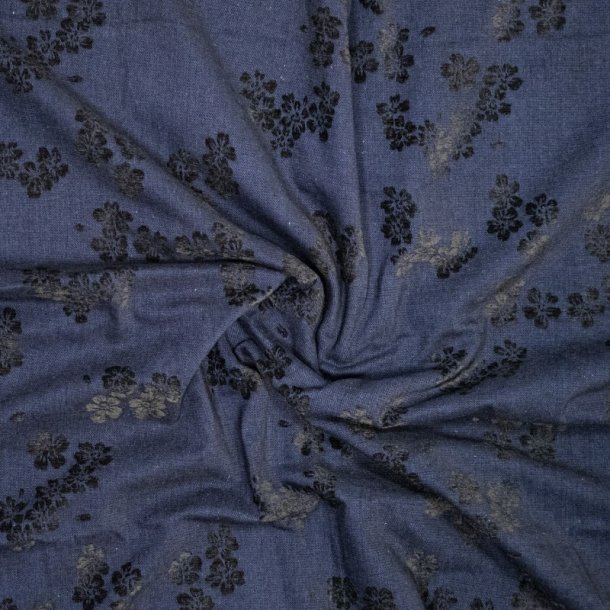 Denim jacquard med chenilleblomster � m�rk bl�/sort