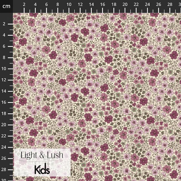 Bomuldspoplin med sm� blomster i rosa og blomme fra Light &amp; Lush