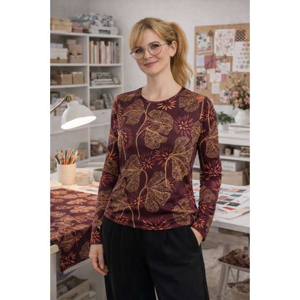 Bomulds Jersey Avalana - Ginkgo p� bordeaux bund